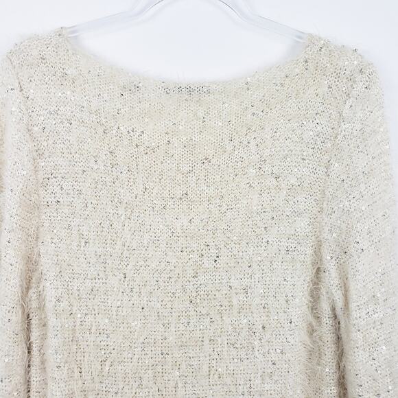 Red - Ivory Sparkle Eyelash Knit Sweater Crew neck Longer Length Size Large - Picture 11 of 13